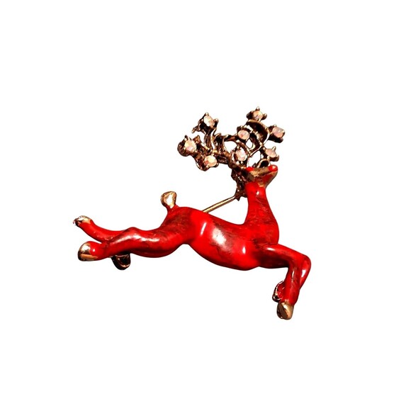Vintage Christmas Reindeer Rhinestone Brooch Red Enamel Pin AB Glass - Picture 1 of 5